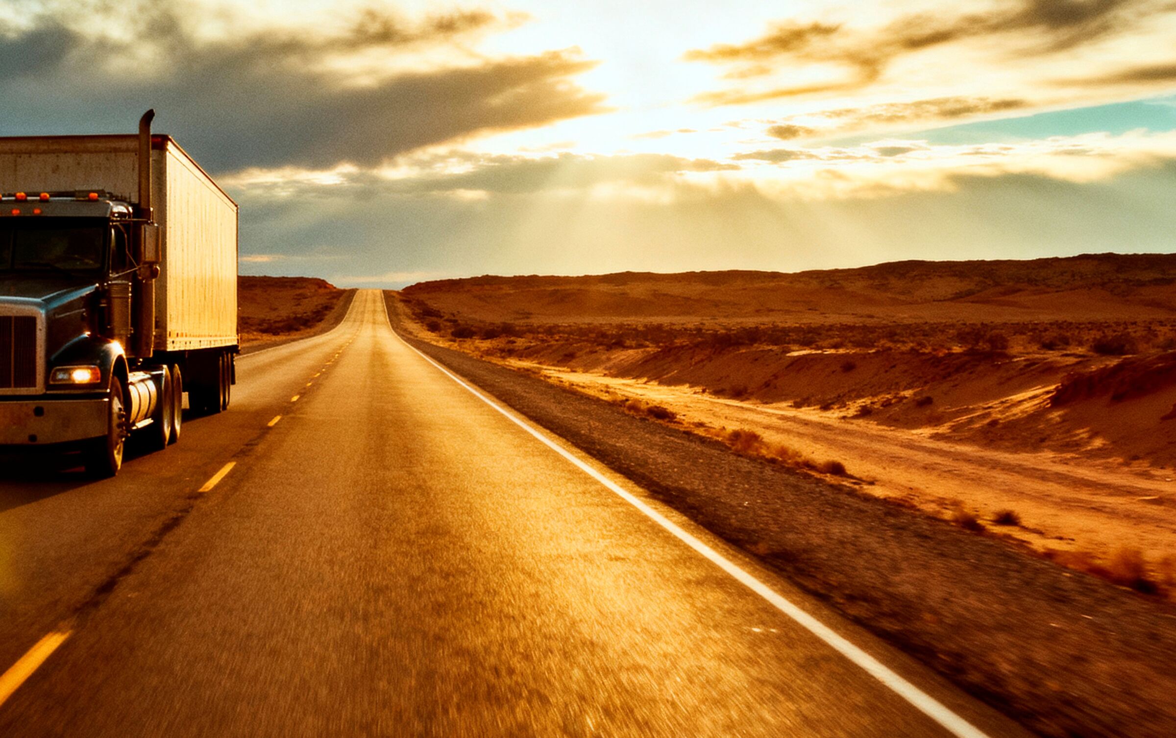 Tractocamión con caja seca circulando por carretera al atardecer